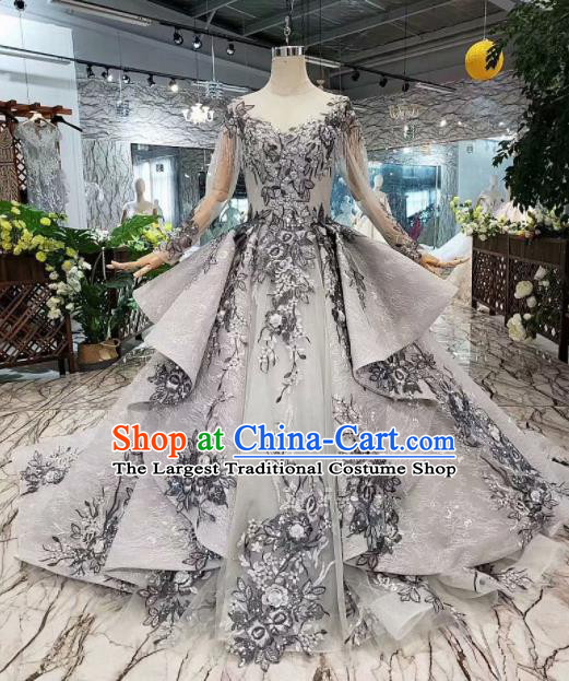 Customize Embroidered Grey Veil Trailing Full Dress Top Grade Court Princess Waltz Dance Costume for Women