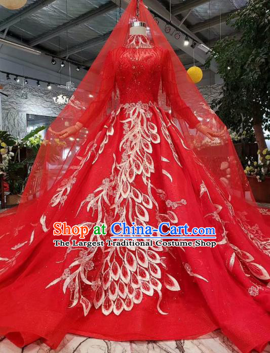 Chinese Customize Court Embroidered Red Veil Trailing Wedding Dress Top Grade Bride Costume for Women