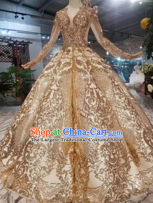 Customize Embroidered Golden Trailing Full Dress Top Grade Court Princess Waltz Dance Costume for Women