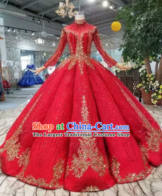 Top Grade Customize Catwalks Red Full Dress Court Princess Waltz Dance Costume for Women