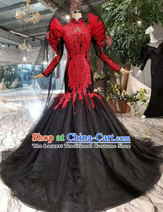 Top Grade Customize Catwalks Black Veil Mermaid Full Dress Court Princess Waltz Dance Costume for Women