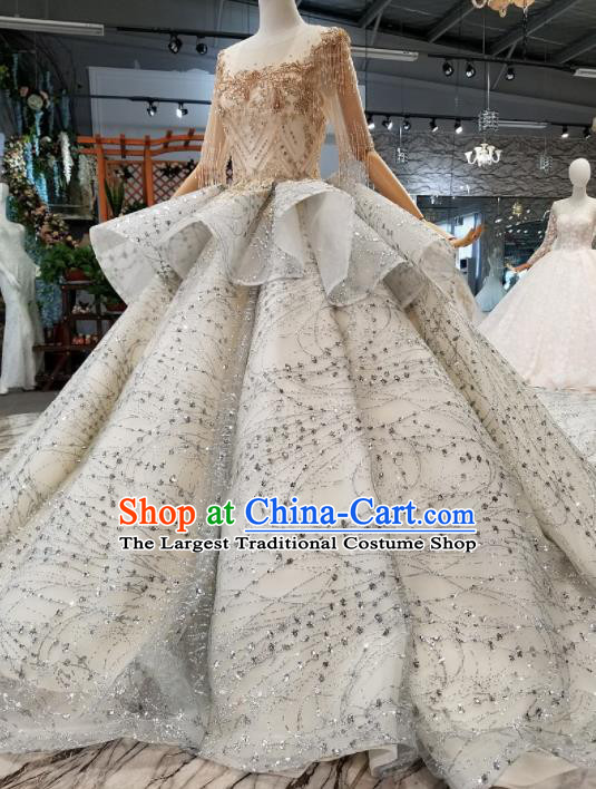 Customize Handmade Princess Embroidered Grey Veil Trailing Dress Wedding Court Bride Costume for Women