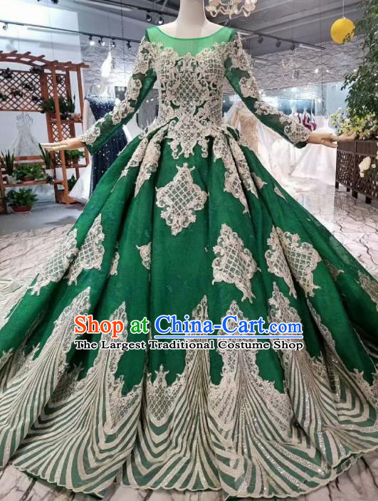 Top Grade Customize Modern Fancywork Deep Green Full Dress Court Princess Waltz Dance Costume for Women