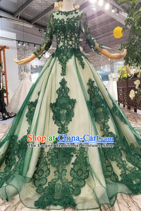 Top Grade Customize Modern Fancywork Green Lace Full Dress Court Princess Waltz Dance Costume for Women