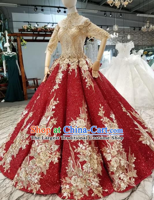 Top Grade Modern Fancywork Wine Red Sequins Full Dress Customize Waltz Dance Costume for Women