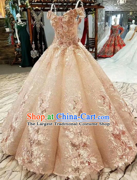 Top Grade Modern Fancywork Pink Sequins Full Dress Customize Waltz Dance Costume for Women