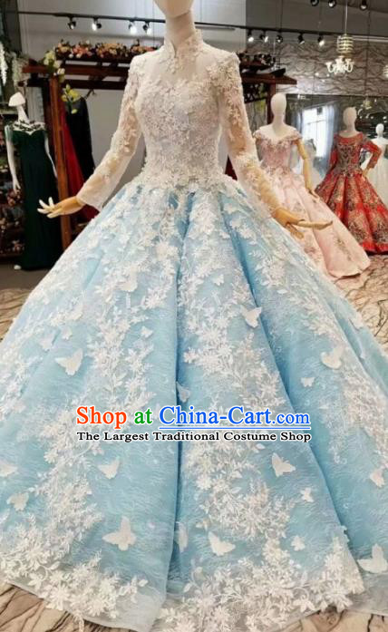 Top Grade Modern Fancywork Light Blue Full Dress Customize Waltz Dance Costume for Women