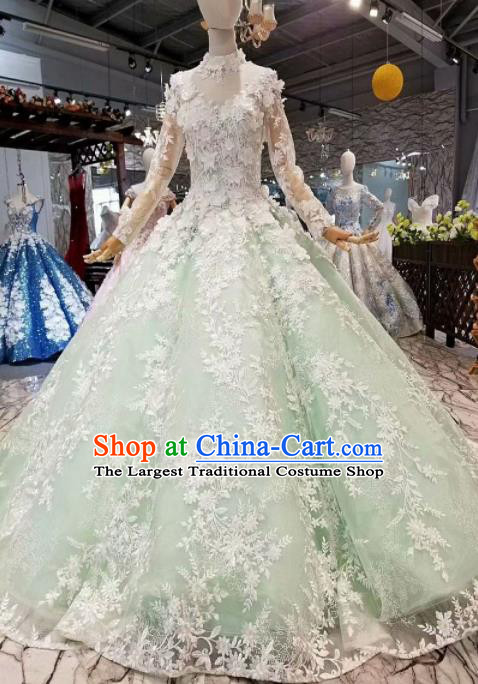 Top Grade Modern Fancywork Light Green Full Dress Customize Waltz Dance Costume for Women