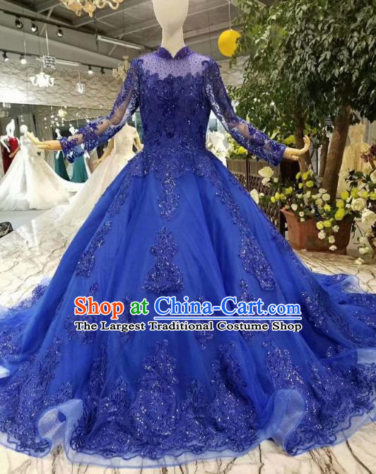 Top Grade Modern Fancywork Embroidered Royalblue Full Dress Customize Waltz Dance Costume for Women