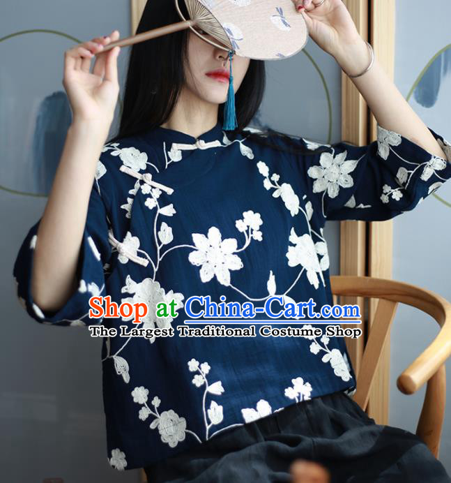 Chinese Traditional National Costume Embroidered Navy Blouse Tang Suit Upper Outer Garment for Women