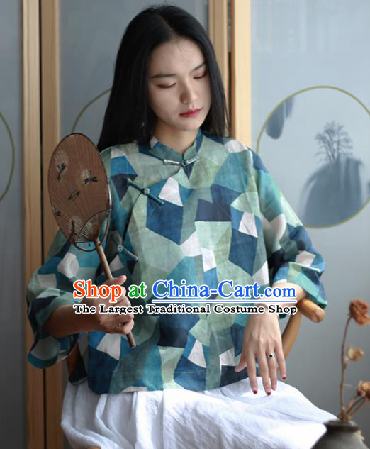 Chinese Traditional National Costume Green Linen Blouse Tang Suit Upper Outer Garment for Women