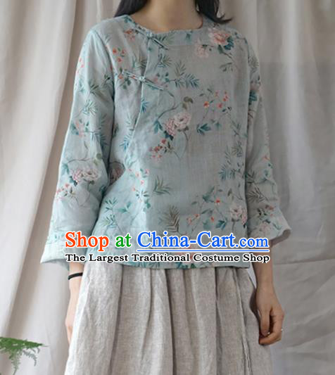 Chinese Traditional National Costume Printing Flowers Blue Blouse Tang Suit Upper Outer Garment for Women