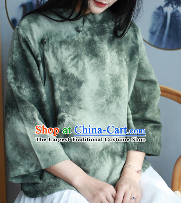 Chinese Traditional National Costume Printing Olive Green Blouse Tang Suit Upper Outer Garment for Women