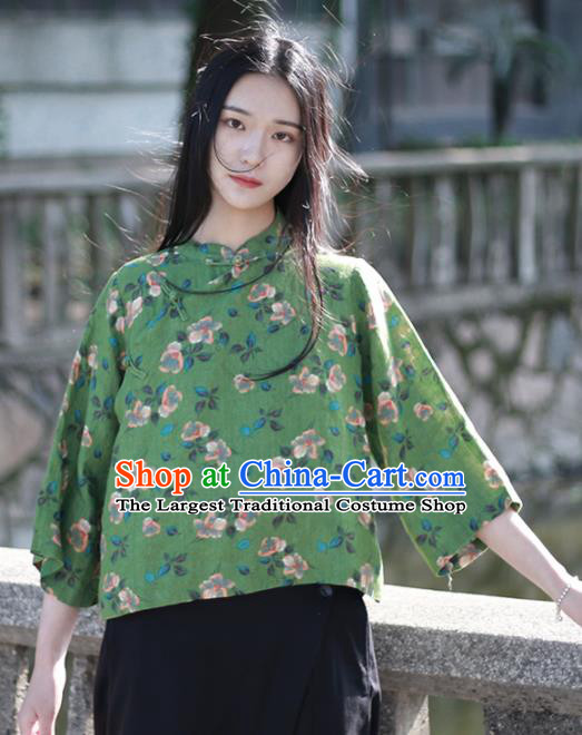 Chinese Traditional National Costume Printing Flowers Green Shirt Tang Suit Upper Outer Garment for Women