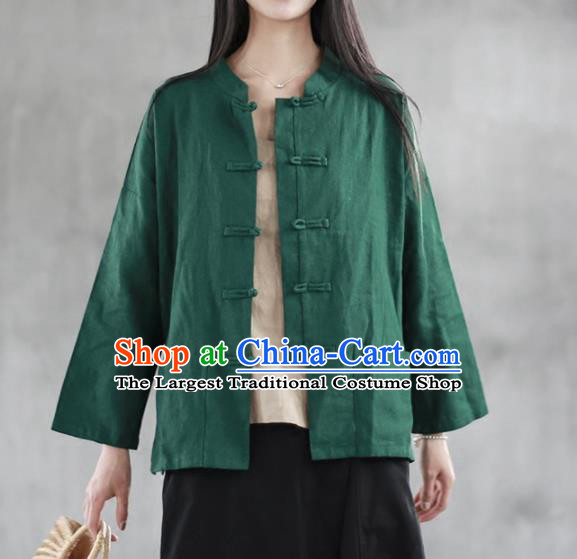 Chinese Traditional National Costume Green Linen Shirt Tang Suit Upper Outer Garment for Women