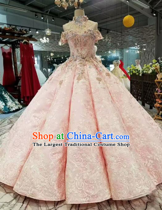 Top Grade Modern Fancywork Court Princess Pink Full Dress Customize Waltz Dance Costume for Women