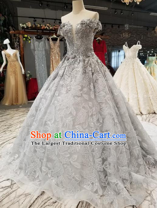 Top Grade Embroidered Grey Veil Full Dress Customize Modern Fancywork Princess Waltz Dance Costume for Women