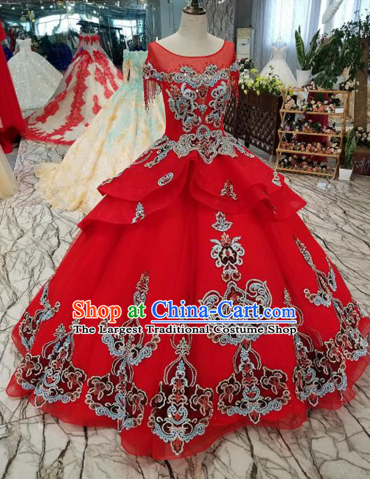 Top Grade Embroidered Red Full Dress Customize Modern Fancywork Princess Waltz Dance Costume for Women