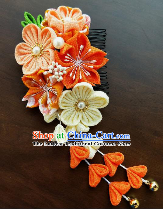 Traditional Japan Geisha Orange Sakura Tassel Hair Comb Japanese Kimono Hair Accessories for Women