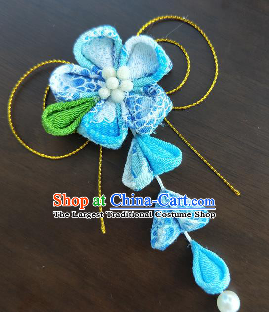 Traditional Japan Geisha Blue Sakura Tassel Hair Claw Japanese Kimono Hair Accessories for Women