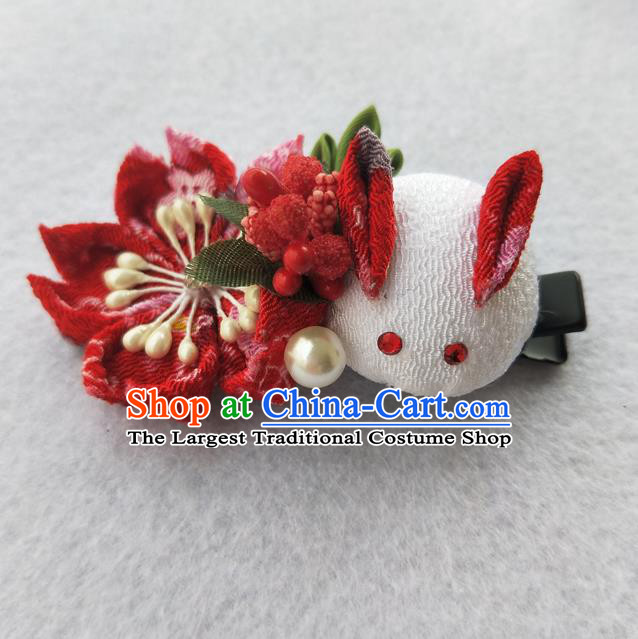 Traditional Japan Geisha Red Sakura Rabbit Hair Claw Japanese Kimono Hair Accessories for Women