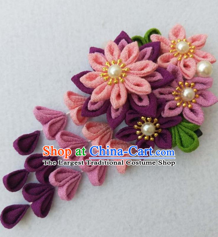 Traditional Japan Geisha Purple Sakura Tassel Hair Claw Japanese Kimono Hair Accessories for Women