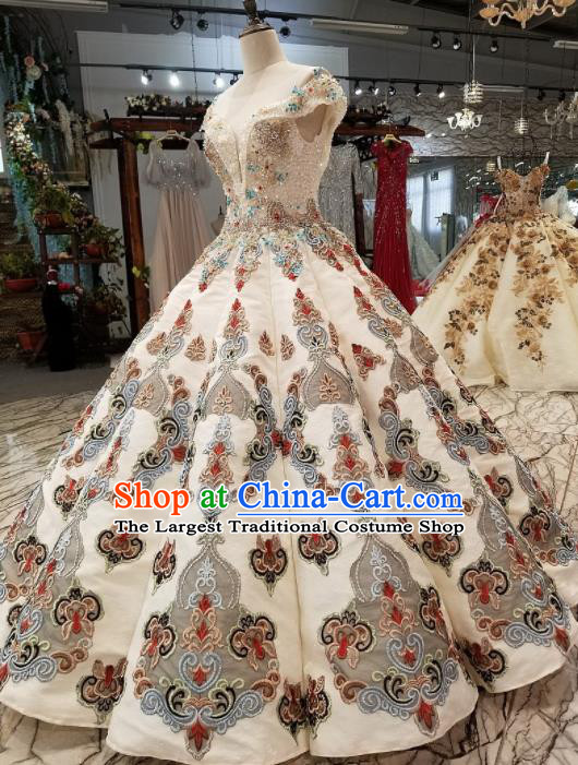 Top Grade Embroidered Flat Shouders White Full Dress Customize Modern Fancywork Princess Waltz Dance Costume for Women