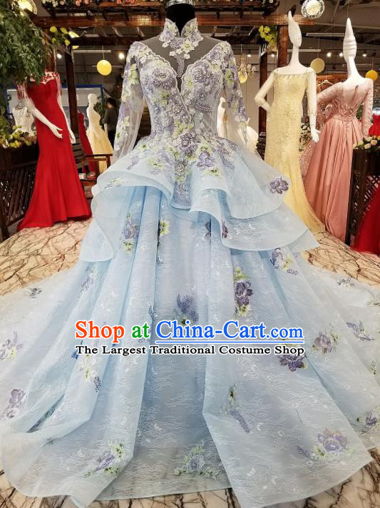 Top Grade Blue Trailing Full Dress Customize Modern Fancywork Princess Waltz Dance Costume for Women