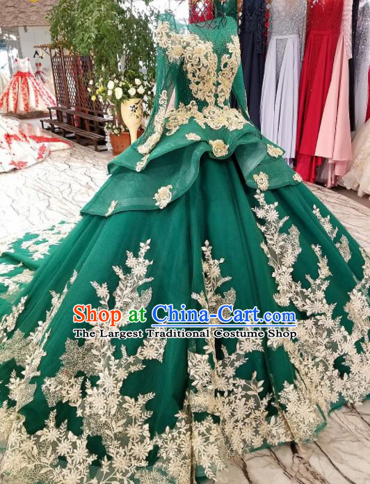 Top Grade Handmade Embroidered Green Full Dress Customize Modern Fancywork Princess Waltz Dance Costume for Women