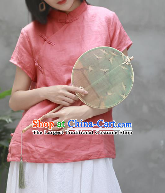 Chinese Traditional National Costume Tang Suit Slant Opening Pink Linen Shirt Upper Outer Garment for Women