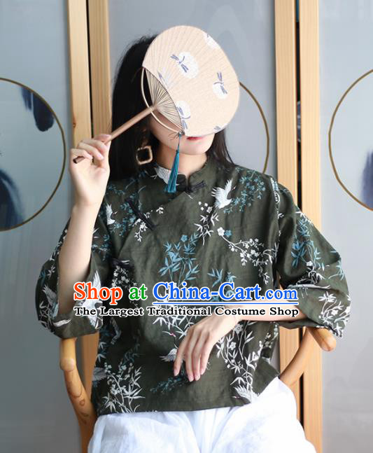 Chinese Traditional National Costume Printing Crane Black Blouse Tang Suit Upper Outer Garment for Women