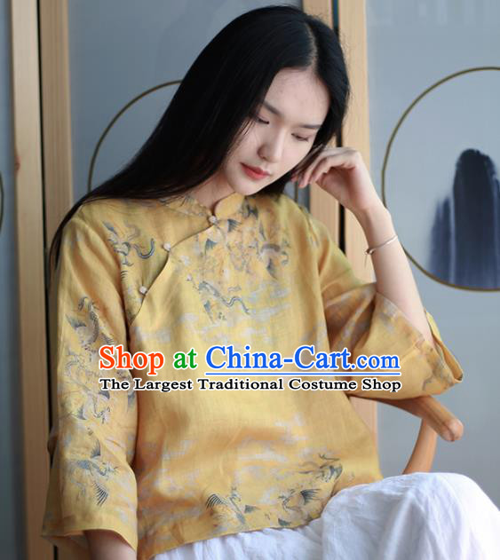 Chinese Traditional National Costume Printing Crane Yellow Blouse Tang Suit Upper Outer Garment for Women