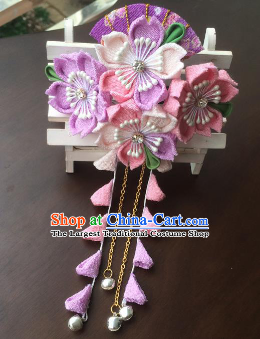 Traditional Japan Purple Fan Sakura Tassel Hair Stick Japanese Kimono Hair Accessories for Women