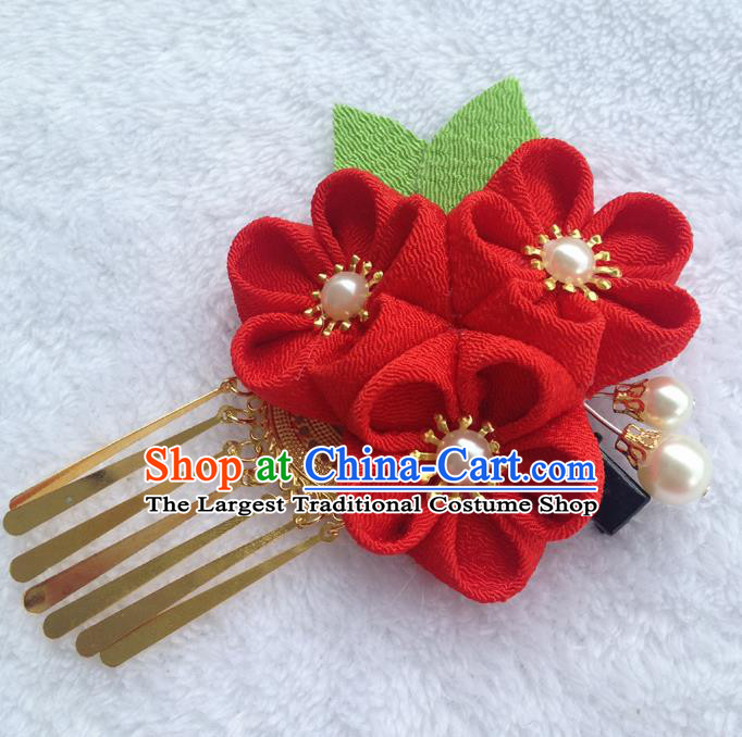 Traditional Japan Red Silk Sakura Tassel Hair Stick Japanese Kimono Hair Accessories for Women