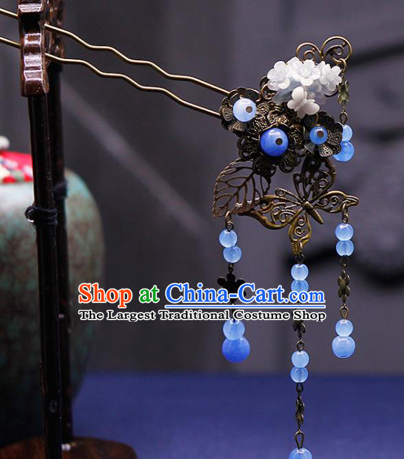 Traditional China Ancient Princess Blue Beads Tassel Hairpins Chinese Hanfu Hair Accessories for Women