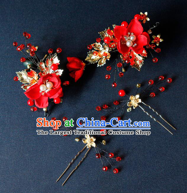 China Ancient Princess Red Flower Hair Claw Hairpins Chinese Traditional Hanfu Hair Accessories for Women