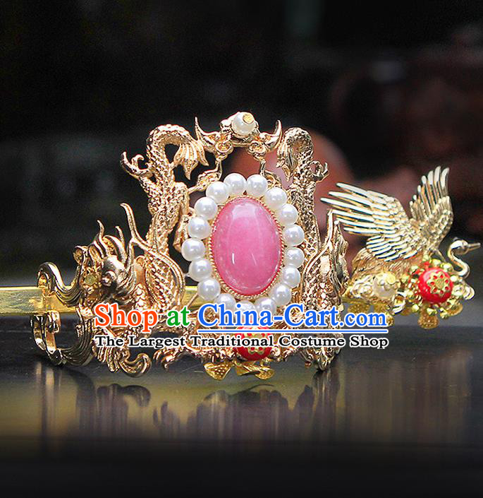 China Ancient Swordsman Pink Bead Hairdo Crown Hairpins Chinese Traditional Hanfu Hair Accessories for Men