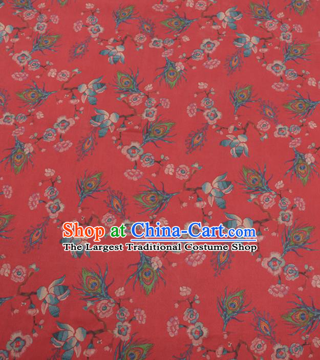 Chinese Traditional Phoenix Feather Pattern Design Red Satin Watered Gauze Brocade Fabric Asian Silk Fabric Material