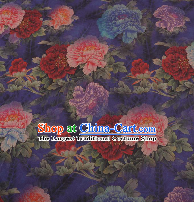 Chinese Traditional Peony Pattern Design Blue Satin Watered Gauze Brocade Fabric Asian Silk Fabric Material