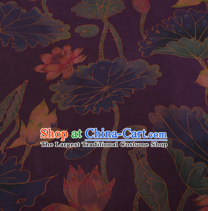 Chinese Traditional Lotus Pattern Design Purple Satin Watered Gauze Brocade Fabric Asian Silk Fabric Material