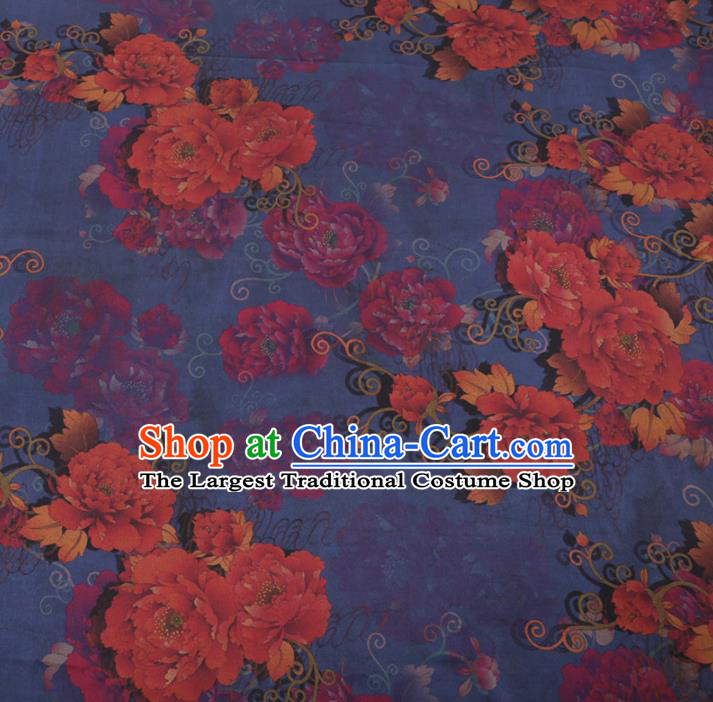 Chinese Traditional Peony Flowers Pattern Design Blue Satin Watered Gauze Brocade Fabric Asian Silk Fabric Material