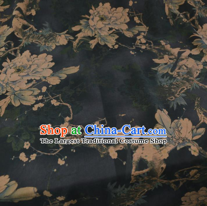 Chinese Traditional Peony Pattern Design Black Satin Watered Gauze Brocade Fabric Asian Silk Fabric Material