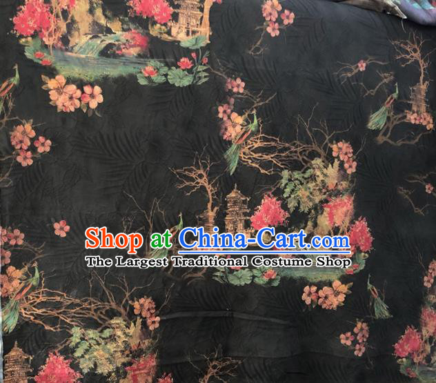 Chinese Traditional Peach Blossom Pattern Design Black Satin Watered Gauze Brocade Fabric Asian Silk Fabric Material