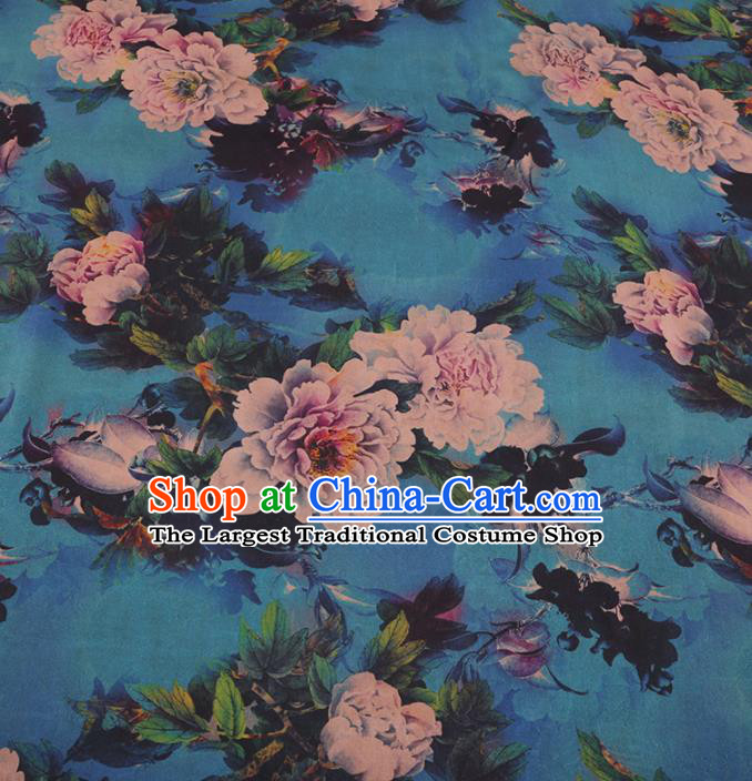 Chinese Traditional Peony Pattern Design Blue Satin Watered Gauze Brocade Fabric Asian Silk Fabric Material