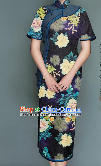 Chinese Traditional Peony Pattern Design Deep Purple Satin Watered Gauze Brocade Fabric Asian Silk Fabric Material