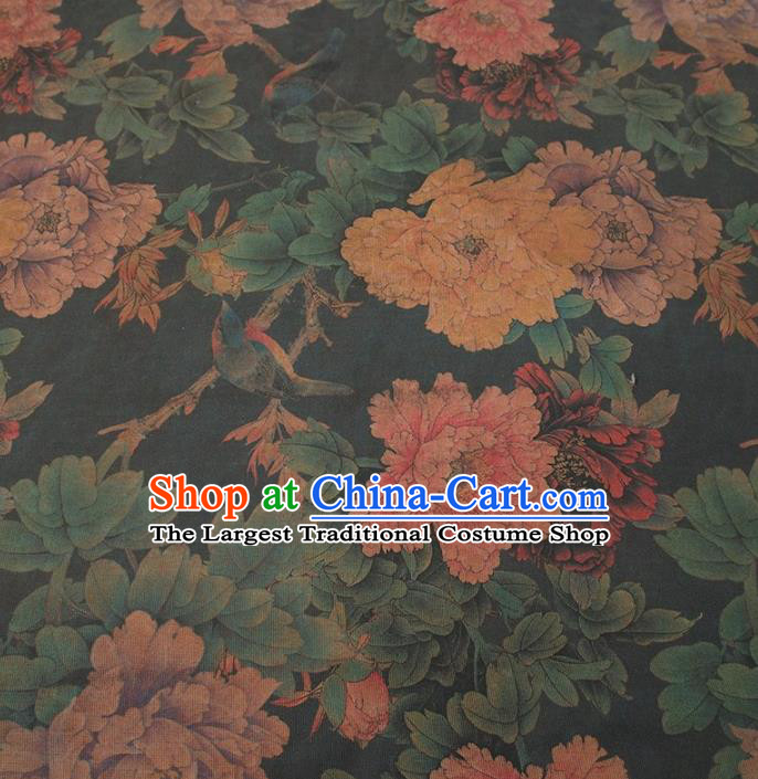 Chinese Traditional Peony Pattern Design Dark Green Satin Watered Gauze Brocade Fabric Asian Silk Fabric Material