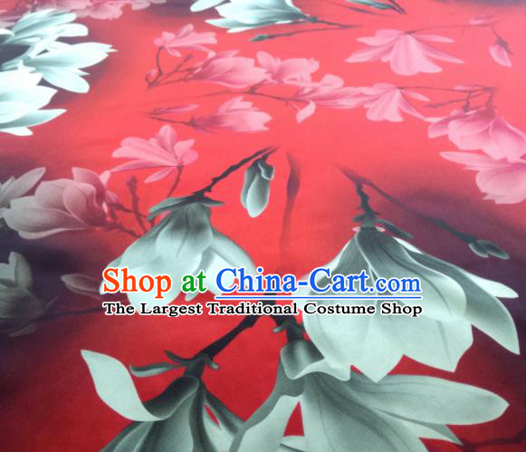 Chinese Traditional Yulan Magnolia Pattern Design Red Satin Watered Gauze Brocade Fabric Asian Silk Fabric Material