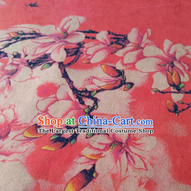 Chinese Traditional Yulan Magnolia Pattern Design Peach Pink Satin Watered Gauze Brocade Fabric Asian Silk Fabric Material