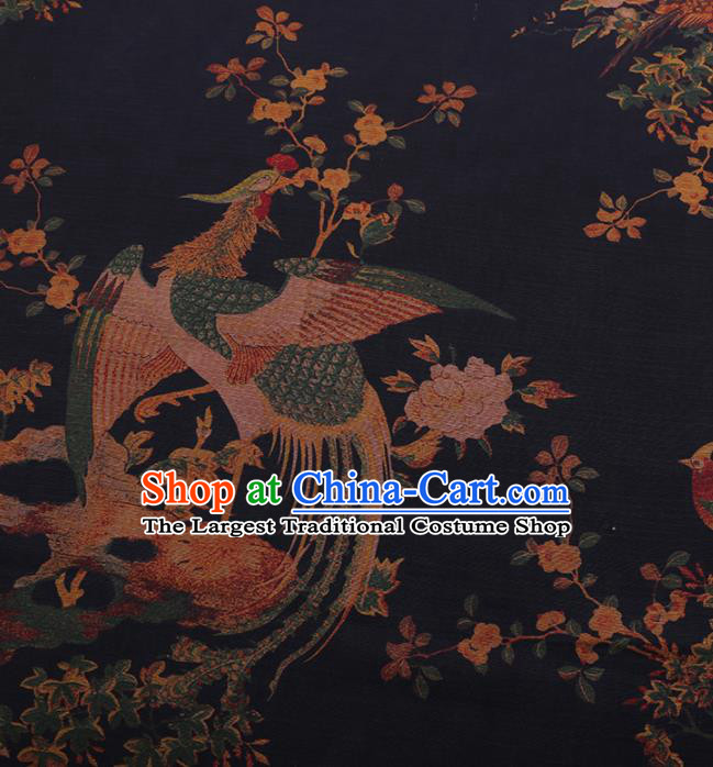 Traditional Chinese Satin Classical Phoenix Pattern Design Navy Watered Gauze Brocade Fabric Asian Silk Fabric Material