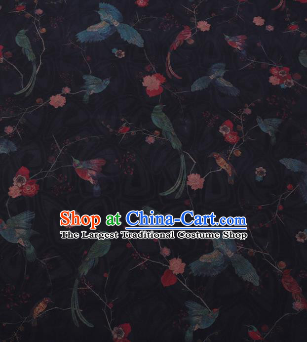 Traditional Chinese Satin Classical Birds Pattern Design Black Watered Gauze Brocade Fabric Asian Silk Fabric Material